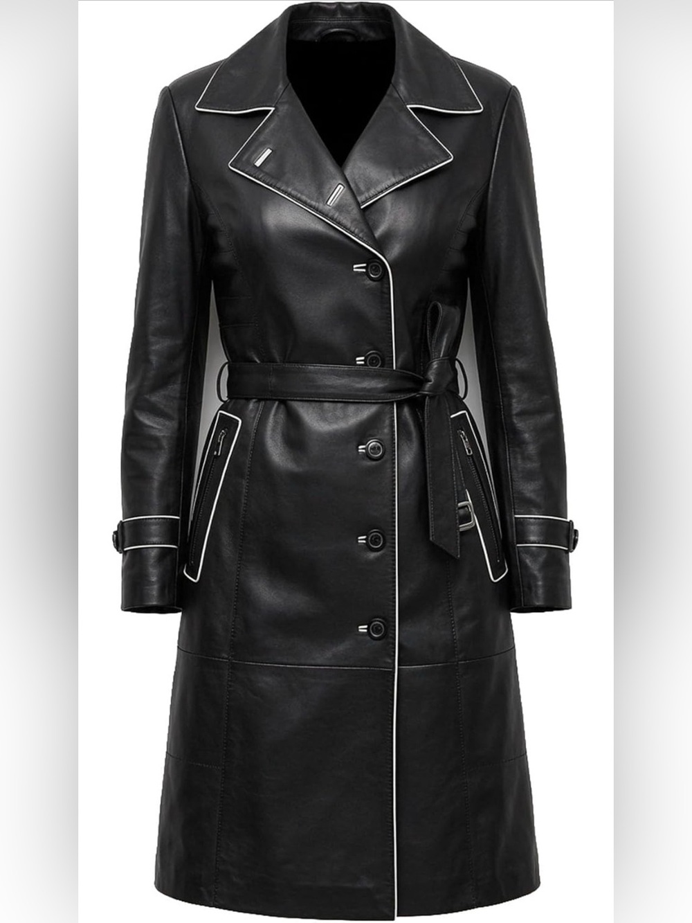 Genuine Lambskin Leather Trench Coat White Piping Long Blazer Women XS-3XL